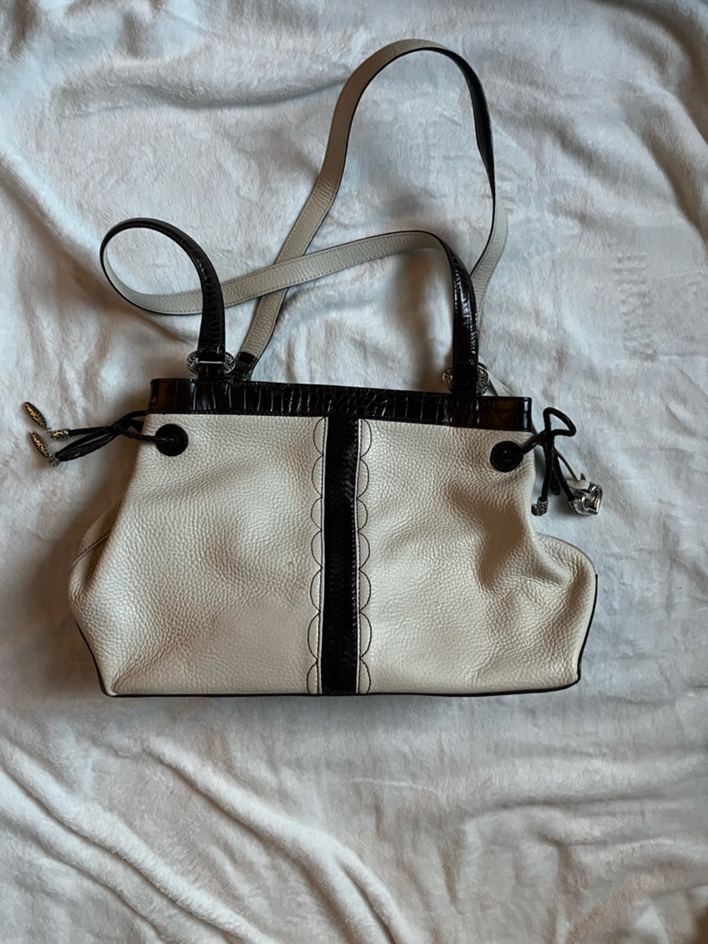 BRIGHTON Shoulder Bag Purse Handbag White Brown Genuine Leather Croc Embossed